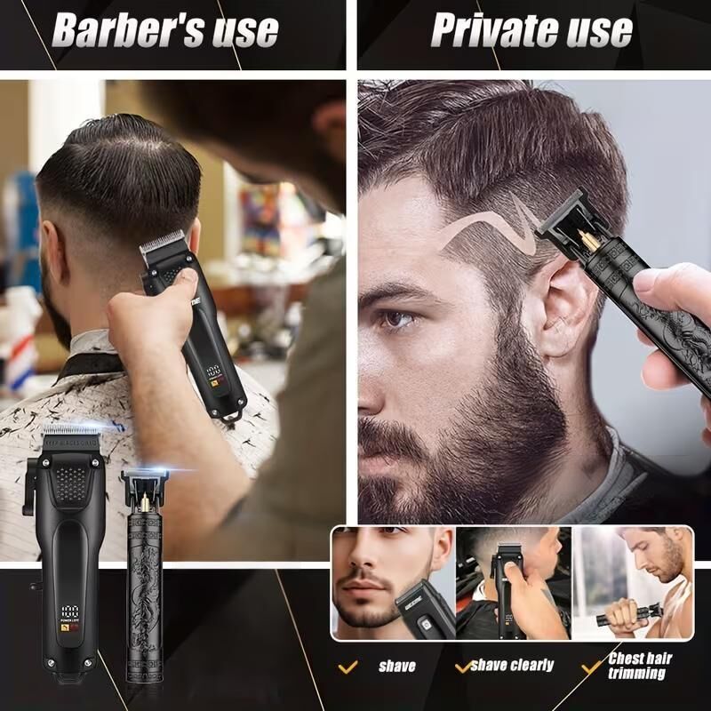 electric hair clipper two-piece set features a trendy and convenient design to meet the needs of family haircuts. It is safe and easy to operate, providing powerful and precise trimming for styling, beard and sideburns care. It can easily create an el