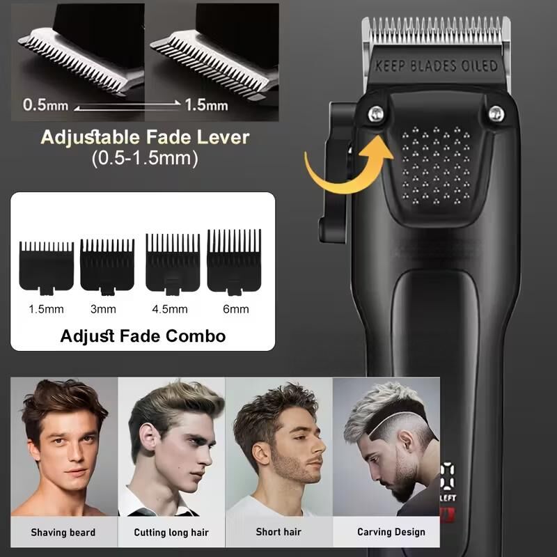 electric hair clipper two-piece set features a trendy and convenient design to meet the needs of family haircuts. It is safe and easy to operate, providing powerful and precise trimming for styling, beard and sideburns care. It can easily create an el