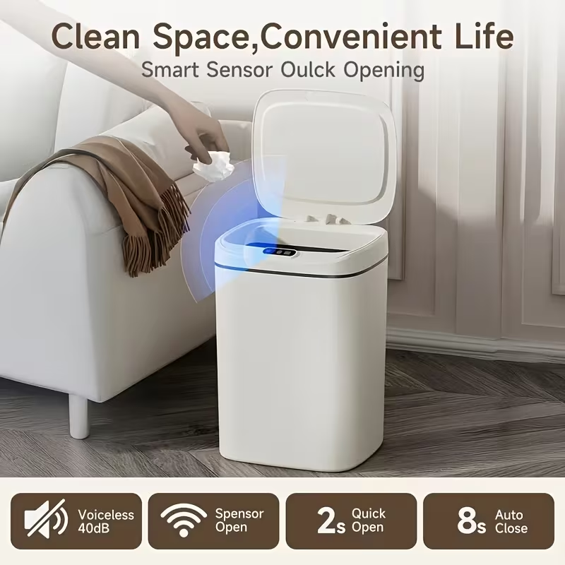 Intelligent sensor trash can, silent and gradual descent - odor-proof, multiple capacity options (14 liters), suitable for kitchens, bathrooms, living rooms, offices - battery-powered (requires AA batteries, batteries not included), waterproof rating: IPX