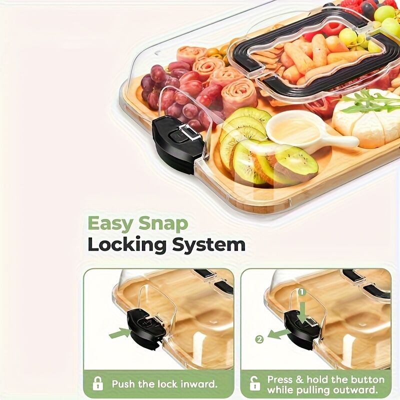 1pc Cheese Tray with Transparent Acrylic Lid - Portable Deli Platter for Camping, Parties, Restaurants | Holiday Appetizer, Deli and Snack Serving Tray, Back Can Be Used for Cutting Board, Party Snack Organizer, Safe Snapon Lid