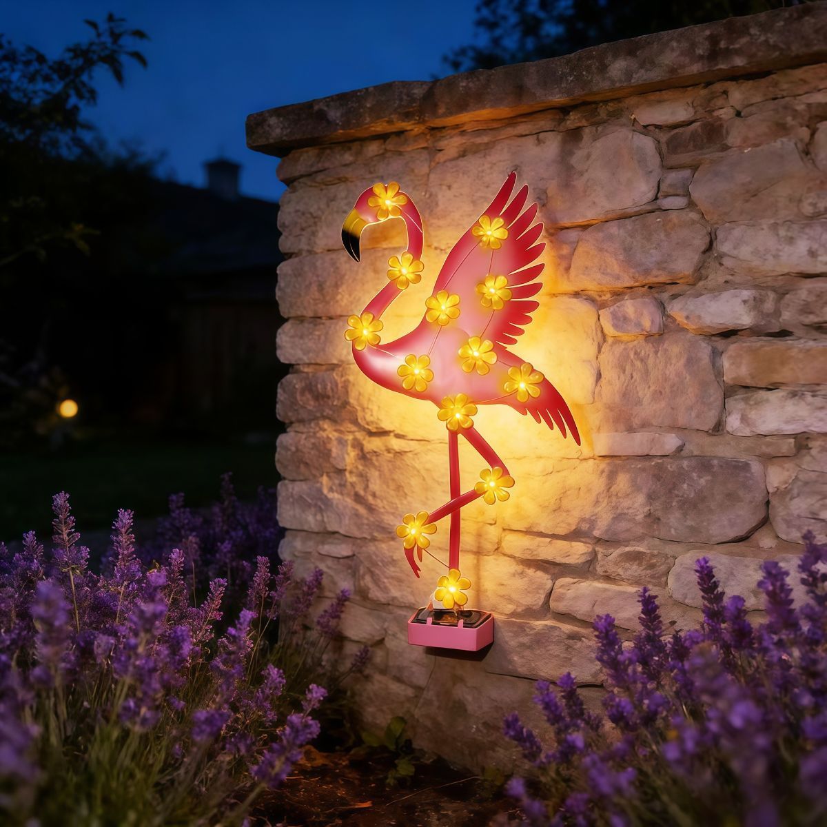1Pack Metal Flamingo Outdoor Wall Decor, Solar Ambient Landscape Lights with Flower LED Auto On/Off, Flamingos Wall Decoration Light for Villa Garden Courtyard Decor - Pink