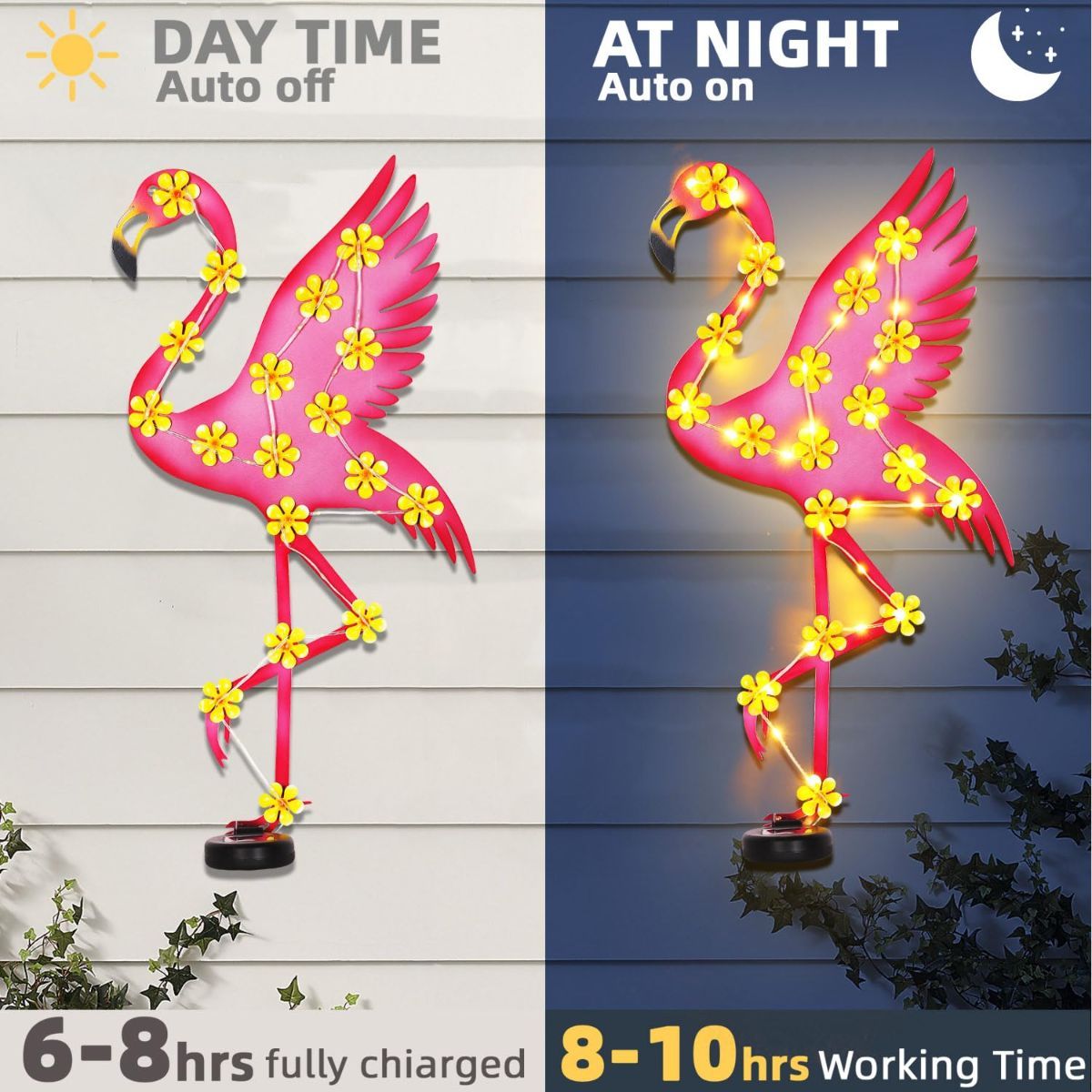 2Pack Metal Flamingo Outdoor Wall Decor, Solar Ambient Landscape Lights with Flower LED Auto On/Off, Flamingos Wall Decoration Light for Villa Garden Courtyard Decor - Pink