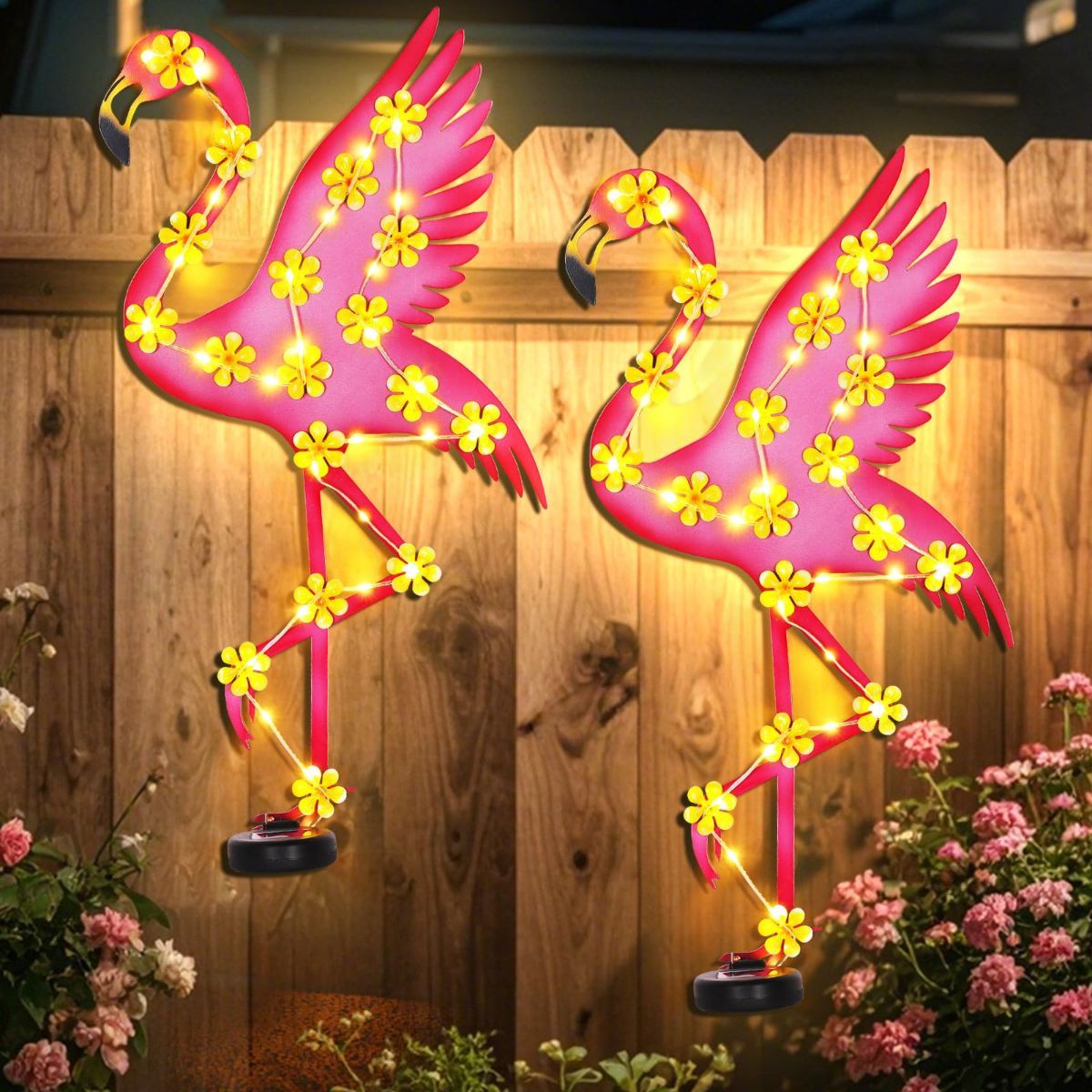 2Pack Metal Flamingo Outdoor Wall Decor, Solar Ambient Landscape Lights with Flower LED Auto On/Off, Flamingos Wall Decoration Light for Villa Garden Courtyard Decor - Pink