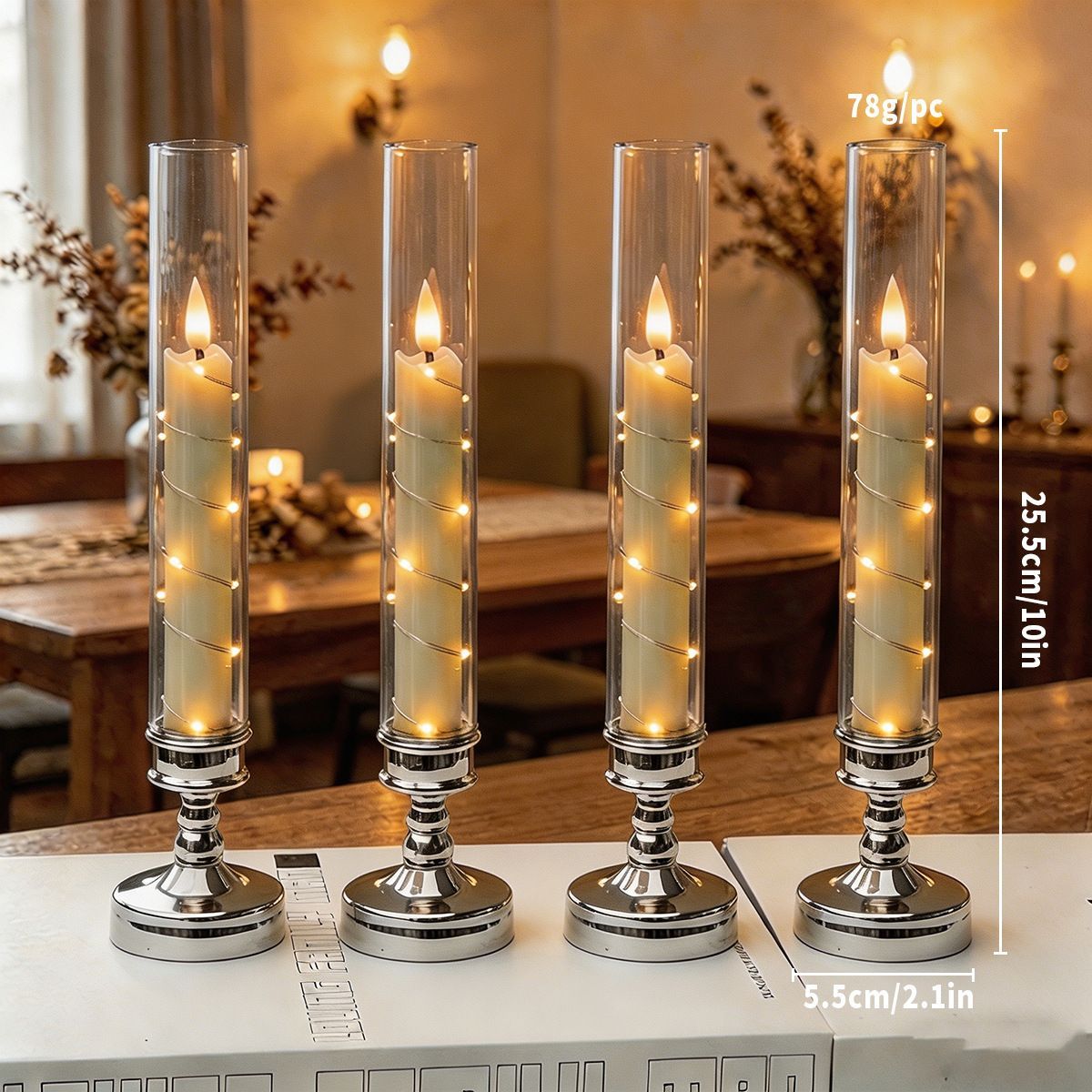 4PCS Flameless LED Candles, Flickering Battery Operated Candles with Embedded Star String Lights, Romantic Decorative Candles Table Decor for Home Wedding Room Christmas Decorations - Silver - Size 25.5*5.5cm