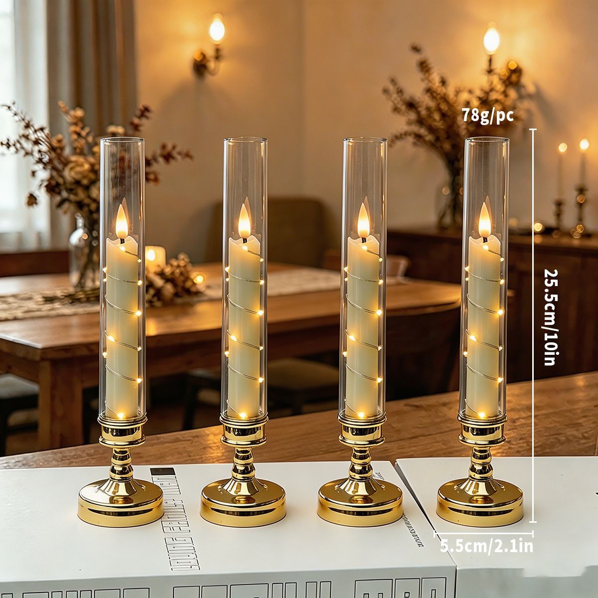 4PCS Flameless LED Candles, Flickering Battery Operated Candles with Embedded Star String Lights, Romantic Decorative Candles Table Decor for Home Wedding Room Christmas Decorations - Silver - Size 25.5*5.5cm