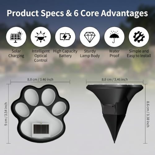 6Pack Paw Solar Lights Outdoor, Cute Dog Paw Solar Lights with 1 LED, Dual White & Warm Light IP65 Waterproof Solar Paw Print Lights for Lawn, Path, Garden Yard Decor - White