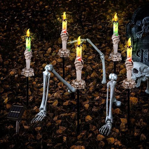 Halloween Pathway Lights, 5 Pack Candle Skull Hand Candle Holder, Waterproof Solar Halloween Led Lights, Indoor and Outdoor Party Home Garden Porch Decoration