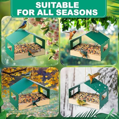 Metal Bird Feeder for Outdoor Hanging Wild Bird Feeder House with Weatherproof Roof Rust-Resistant Mesh Platform Easy to Clean & Refill for Attracting Finches Garden Yard Outside - Black - Size 20*14cm