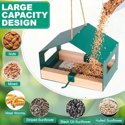 Metal Bird Feeder for Outdoor Hanging Wild Bird Feeder House with Weatherproof Roof Rust-Resistant Mesh Platform Easy to Clean & Refill for Attracting Finches Garden Yard Outside - Green - Size 20*14cm
