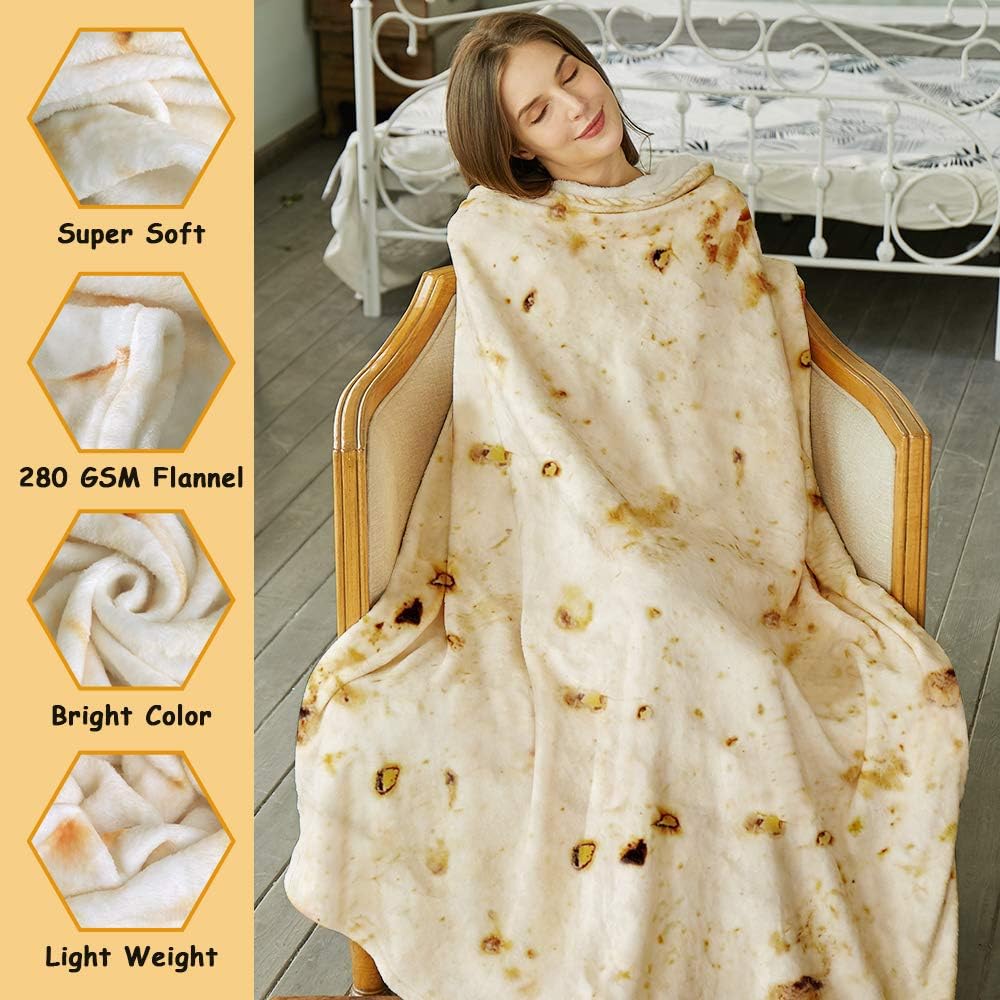 Burritos Tortilla Throw Blanket(Beige), Novelty Funny Round Blanket for Adults & Kids, Soft Flannel Tortilla Wrap Blanket(71",Adults)
