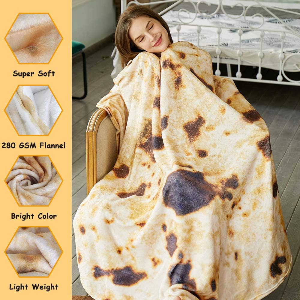 Burritos Tortilla Throw Blanket (Brown), Novelty Funny Round Blanket for Kids & Adults, Soft Flannel Tortilla Wrap Blanket(60",Teenagers)
