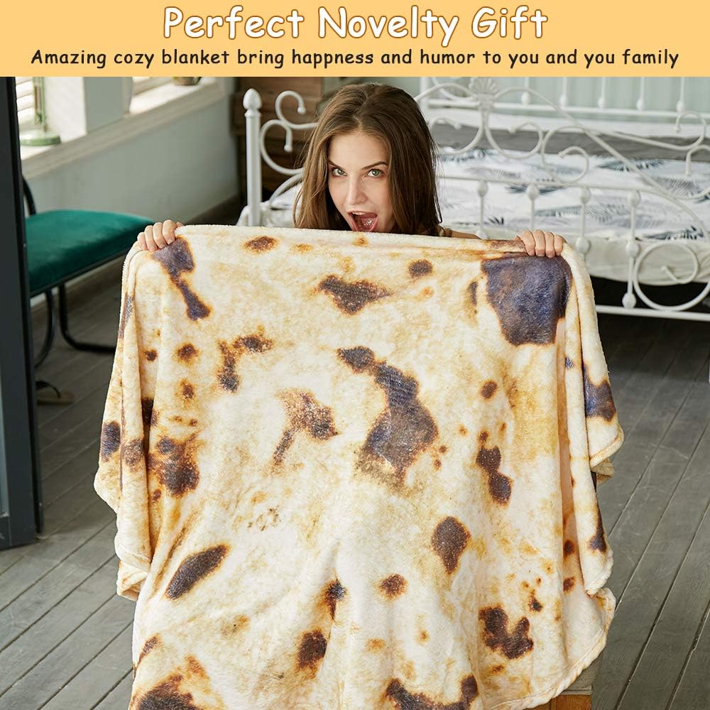 Burritos Tortilla Throw Blanket (Brown), Novelty Funny Round Blanket for Kids & Adults, Soft Flannel Tortilla Wrap Blanket(60",Teenagers)