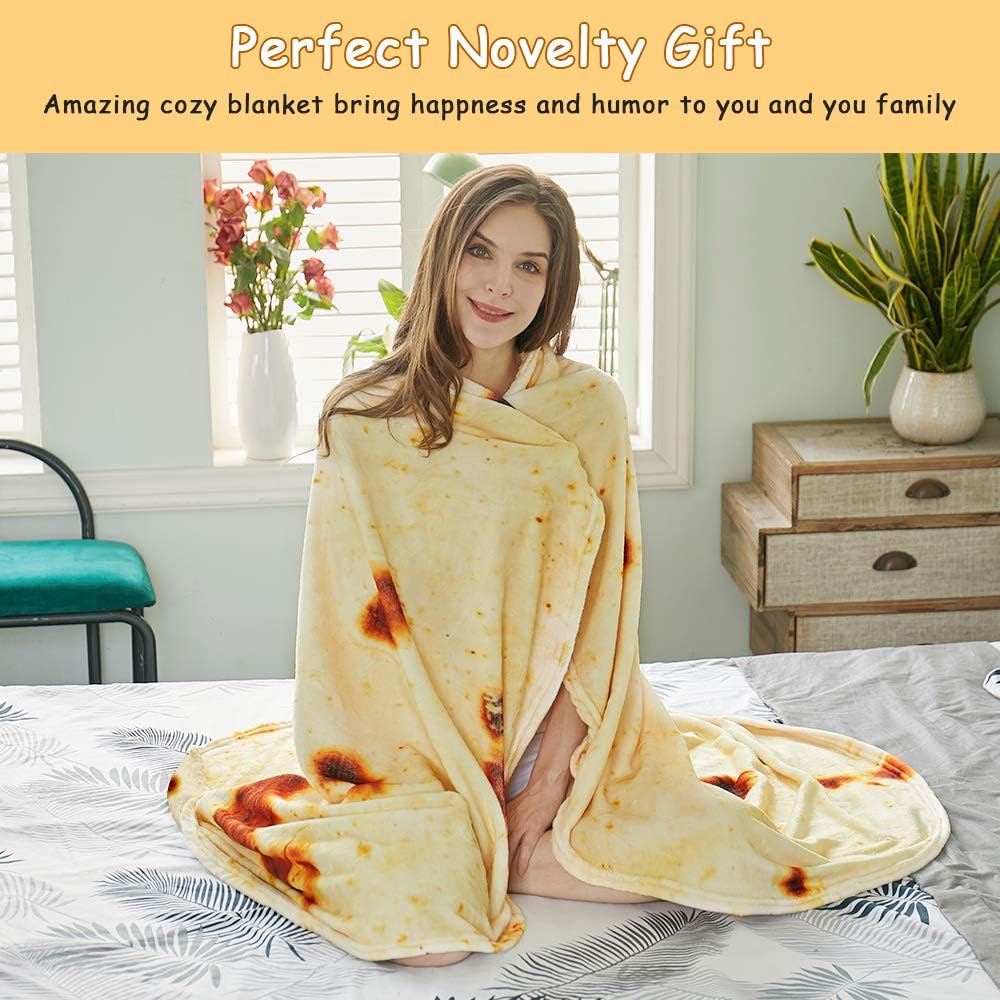 Burritos Tortilla Throw Blanket (Yellow), Novelty Funny Round Blanket for Kids & Adults, Soft Flannel Tortilla Wrap Blanket(60",Teenagers)