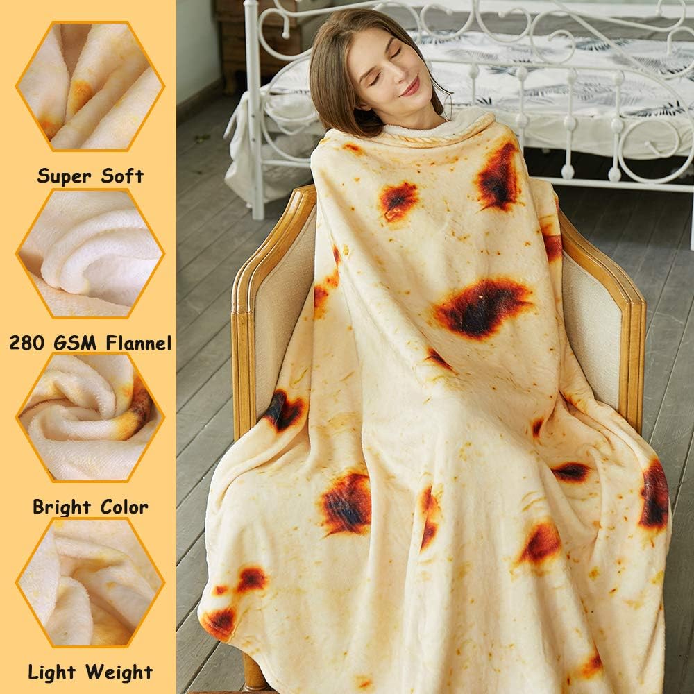 Burritos Tortilla Throw Blanket (Yellow), Novelty Funny Round Blanket for Kids & Adults, Soft Flannel Tortilla Wrap Blanket(60",Teenagers)