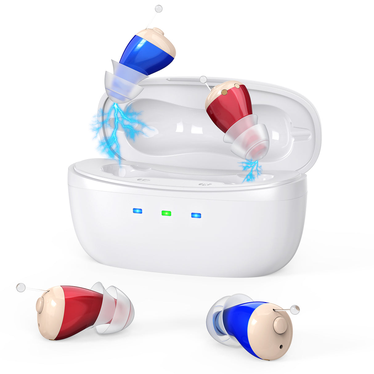 Rechargeable Behind-the-Ear Hearing Aids with Charging Case – Compact Sound Amplifier for Adults & Seniors with Memory Volume (White Case, Red & Blue Device)