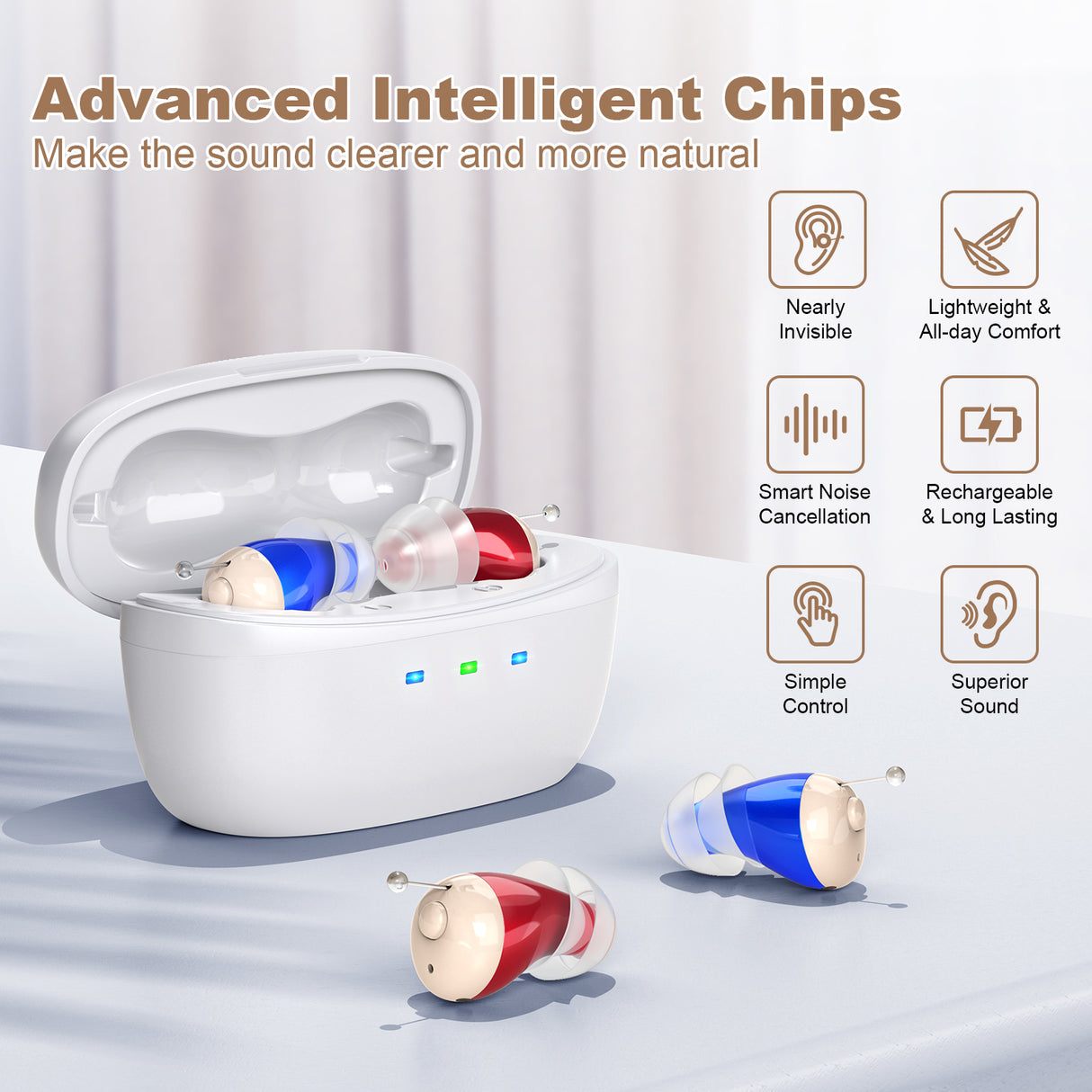 Rechargeable Behind-the-Ear Hearing Aids with Charging Case – Compact Sound Amplifier for Adults & Seniors with Memory Volume (White Case, Red & Blue Device)