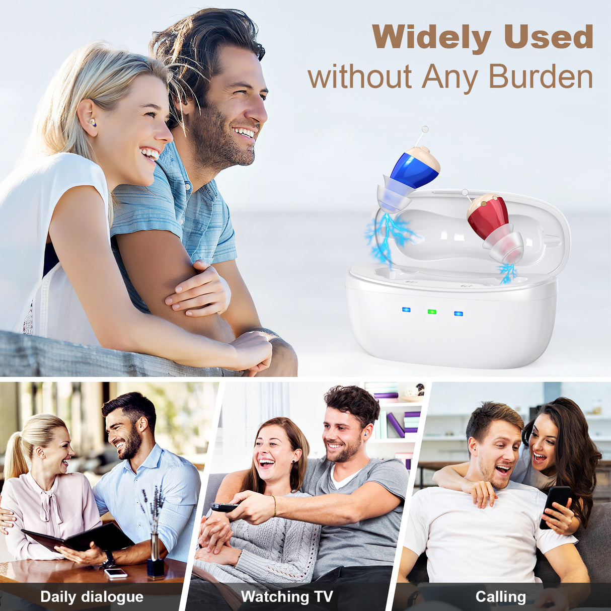 Rechargeable Behind-the-Ear Hearing Aids with Charging Case – Compact Sound Amplifier for Adults & Seniors with Memory Volume (White Case, Red & Blue Device)