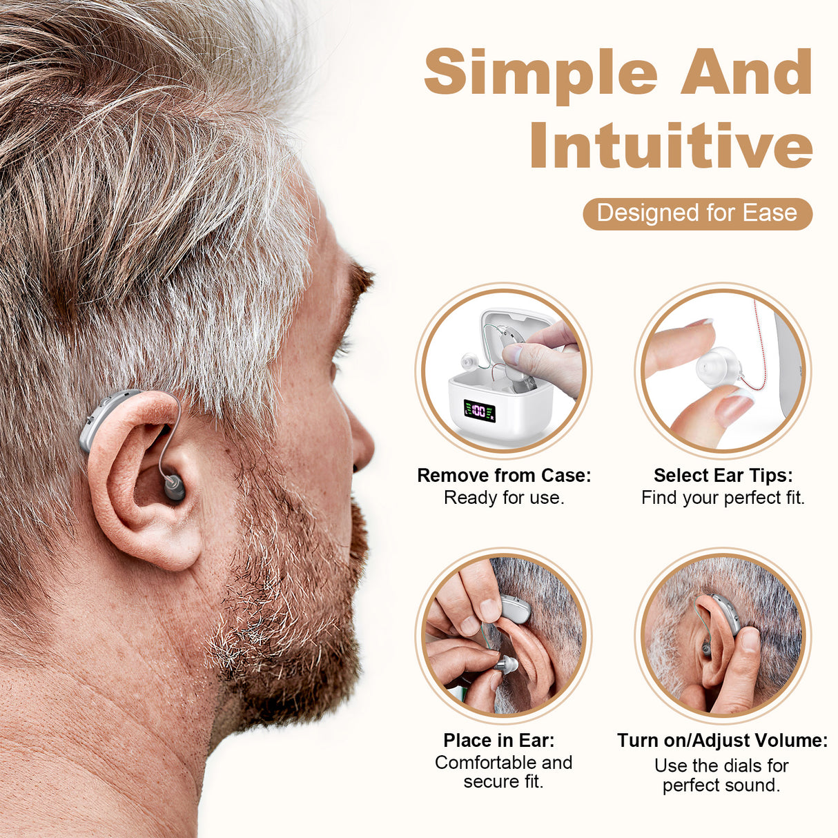 Rechargeable Behind-the-Ear Hearing Aids with Charging Case & LCD Display – Compact Sound Amplifier for Adults and Seniors (White Case, Silver Device)
