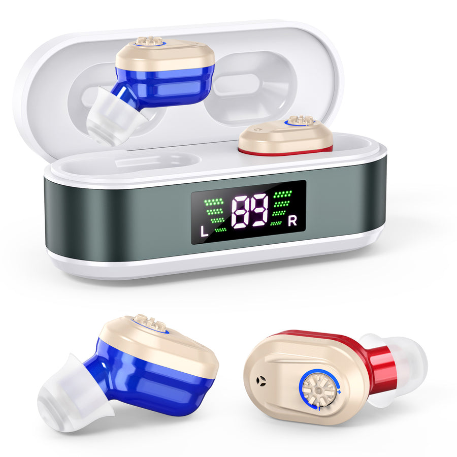 Rechargeable In-the-Ear Hearing Aids with Charging Case and LCD Display – Ultra-Compact Sound Amplifier for Seniors (White & Green Case, Red & Blue Device)