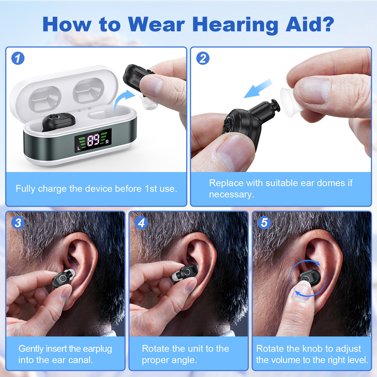 Rechargeable In-the-Ear Hearing Aids with Charging Case and LCD Display – Ultra-Compact Sound Amplifier for Seniors (White & Green Case, Black Device)