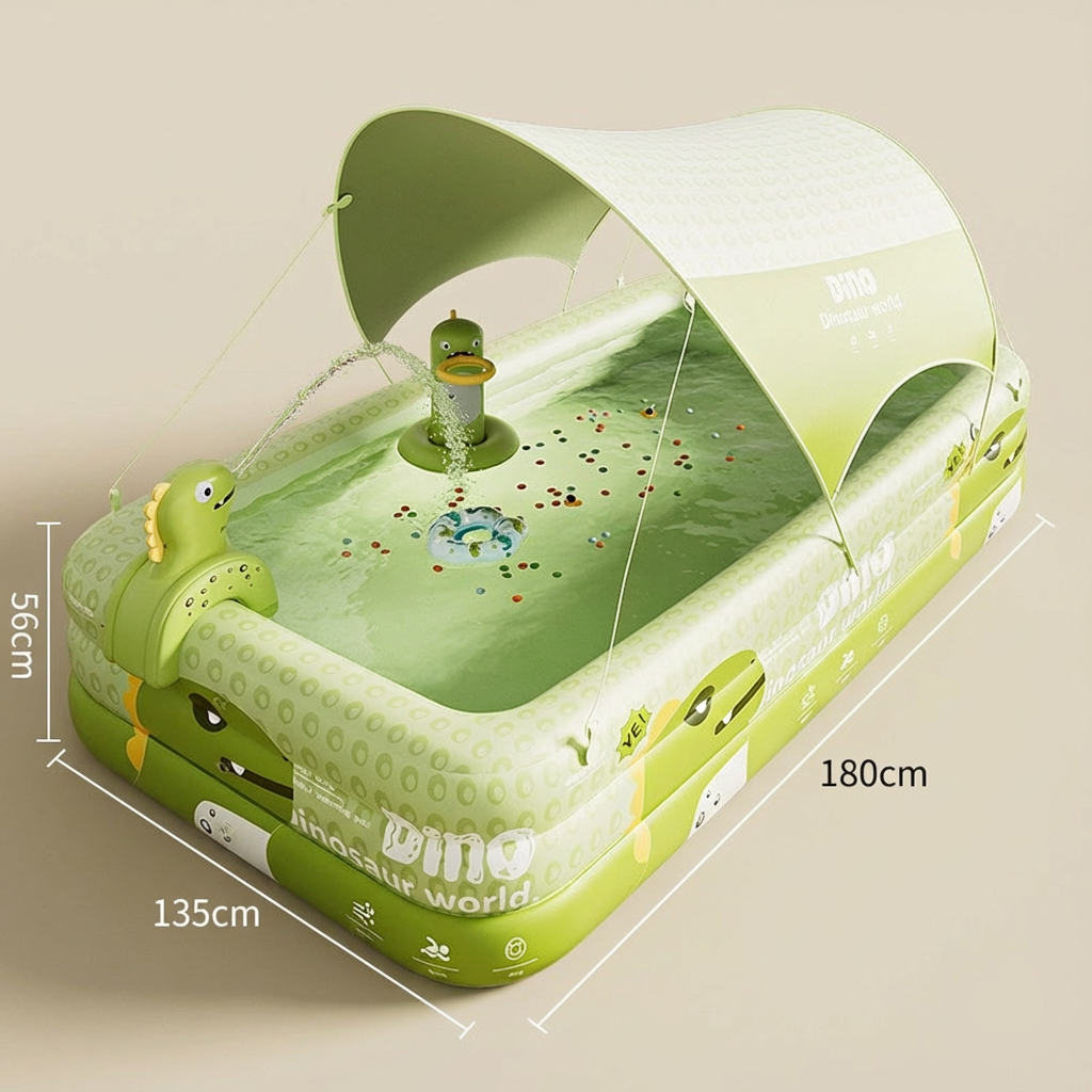 Inflatable Swimming Pool 180×130×56cm with Canopy & Dinosaur Spray – Kids Outdoor Water Play Set for Backyard, Garden, Summer Fun (Green)