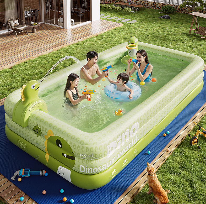 Inflatable Swimming Pool 180×130×56cm with Canopy & Dinosaur Spray Kids Outdoor Water Play Set for Backyard, Garden, Summer Fun (Green)