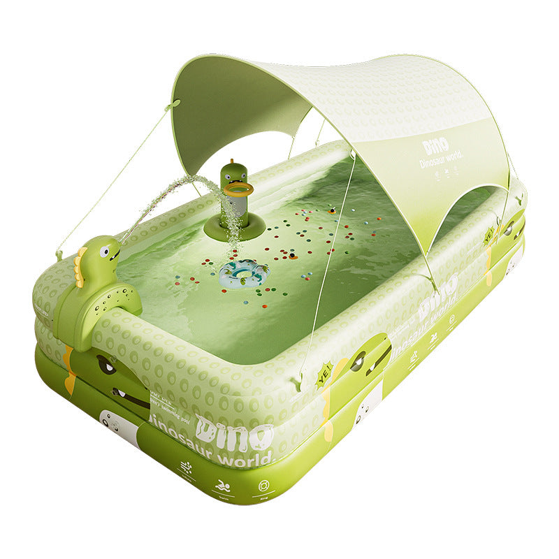 Inflatable Swimming Pool 210×140×56cm with Canopy & Dinosaur Spray – Kids Outdoor Water Play Set for Backyard, Garden, Summer Fun (Green)
