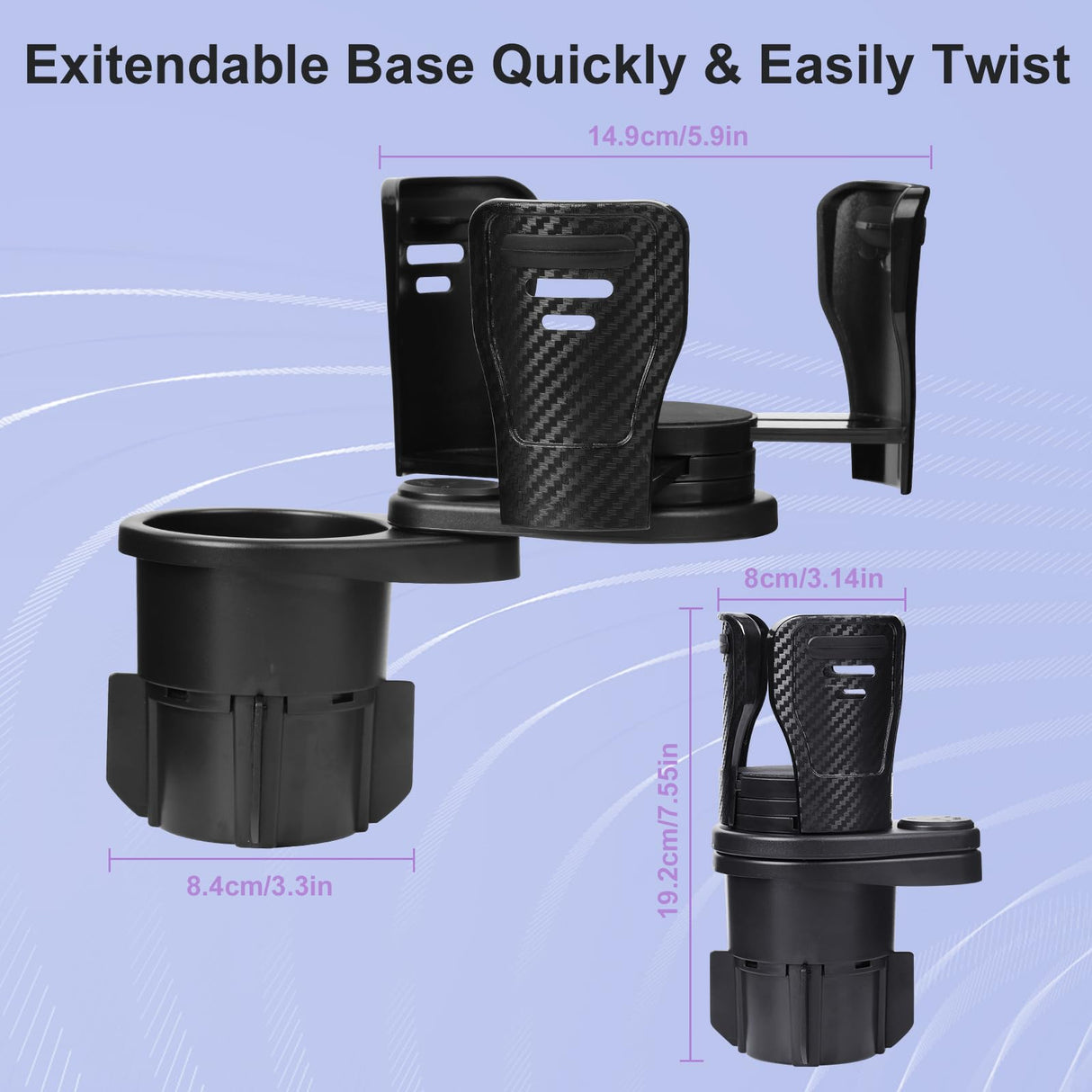 Dual Cup Holder Expander with 360° Rotating Tray – Adjustable Drink & Snack Organizer for Cars, Trucks, SUVs and RVs (Black)