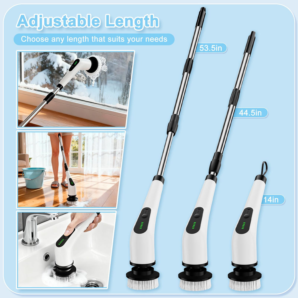 Wireless Electric Cleaning Brush with 8 Replaceable Heads – Adjustable Extendable Handle for Bathroom, Kitchen, Tiles & Car (White)