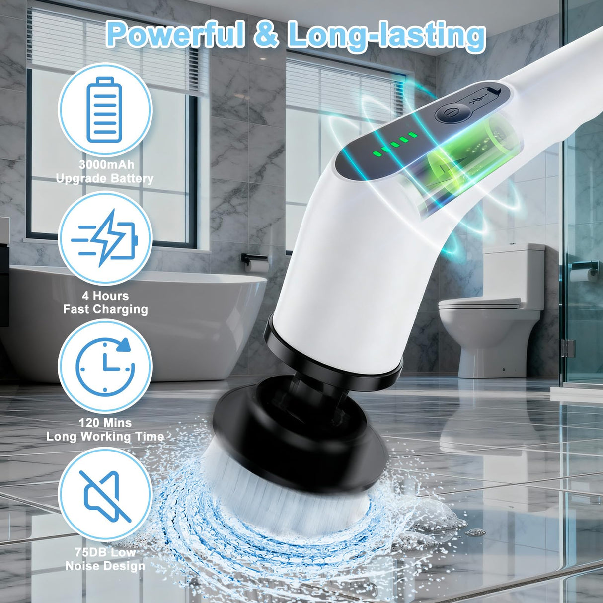 Wireless Electric Cleaning Brush with 8 Replaceable Heads – Adjustable Extendable Handle for Bathroom, Kitchen, Tiles & Car (White)