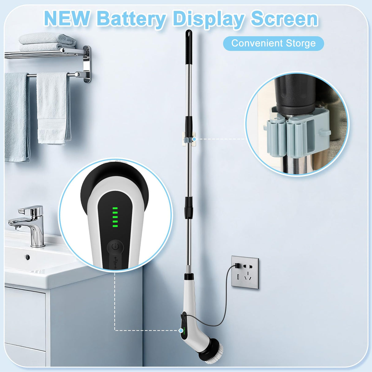 Wireless Electric Cleaning Brush with 8 Replaceable Heads – Adjustable Extendable Handle for Bathroom, Kitchen, Tiles & Car (White)