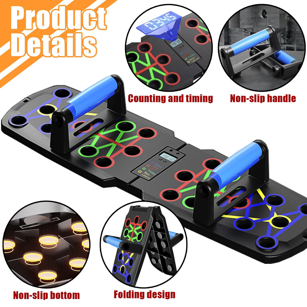 Smart Push-Up Bar with Counter & Timer – Foldable Home Workout Board for Chest, Shoulders, Back & Triceps Training (Black)