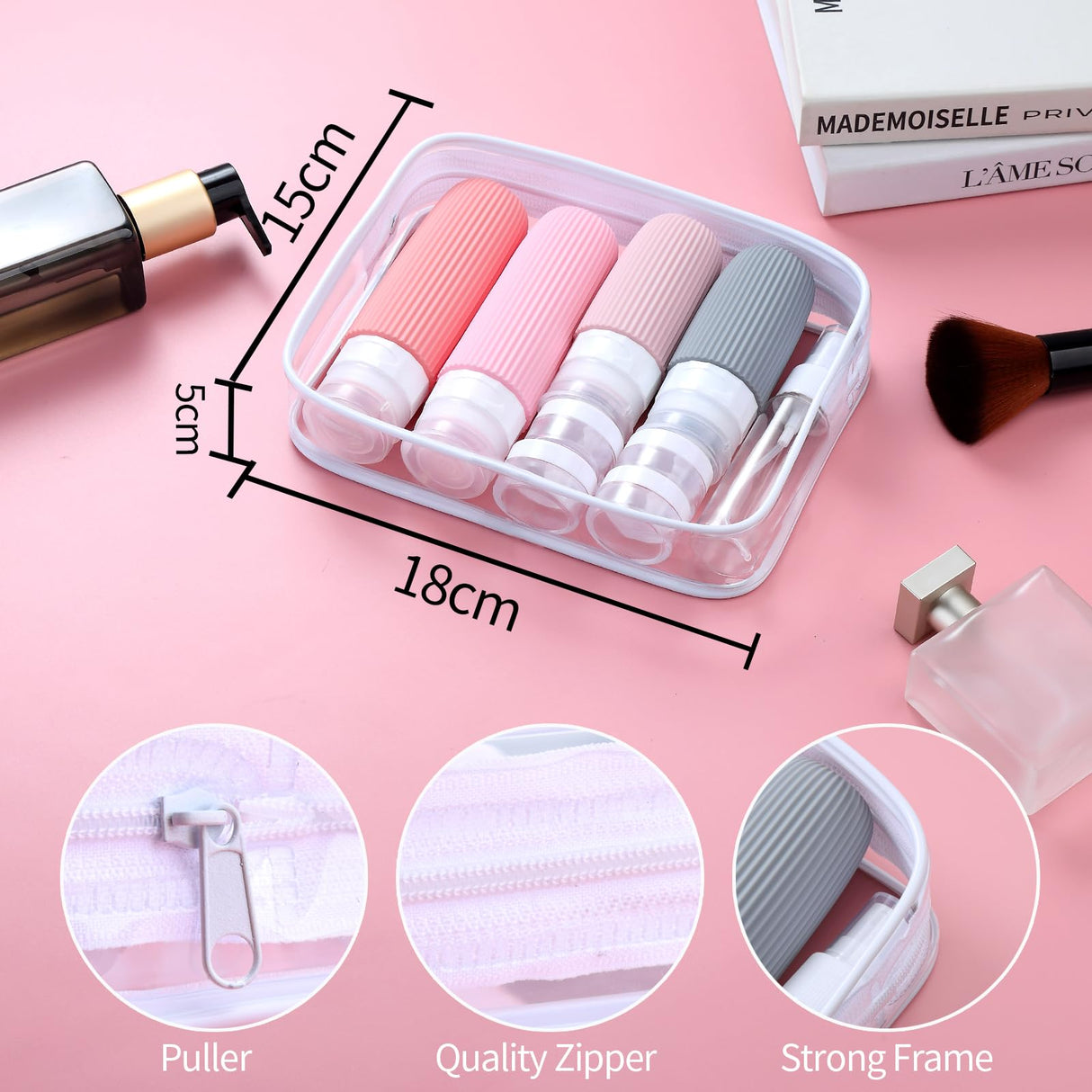 16-Piece Travel Bottle Set with Leak-Proof Silicone Squeeze Bottles – Reusable Toiletry Containers for Shampoo, Lotion, Makeup Remover (Pink) | Other Colors Available in Store