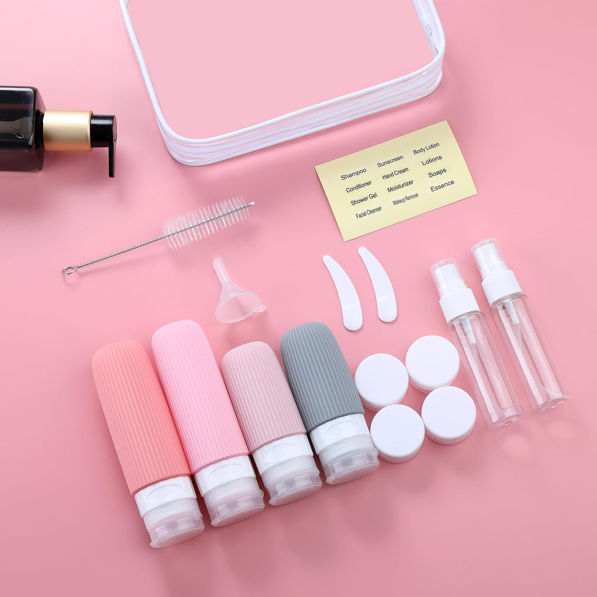 16-Piece Travel Bottle Set with Leak-Proof Silicone Squeeze Bottles – Reusable Toiletry Containers for Shampoo, Lotion, Makeup Remover (Pink) | Other Colors Available in Store