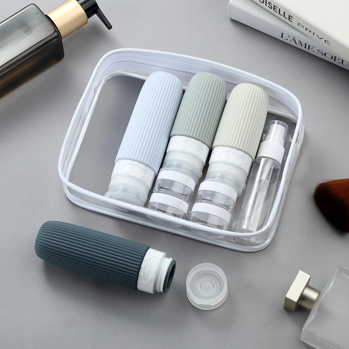 16-Piece Travel Bottle Set with Leak-Proof Silicone Squeeze Bottles – Reusable Toiletry Containers for Shampoo, Lotion, Makeup Remover (Grey) | Other Colors Available in Store