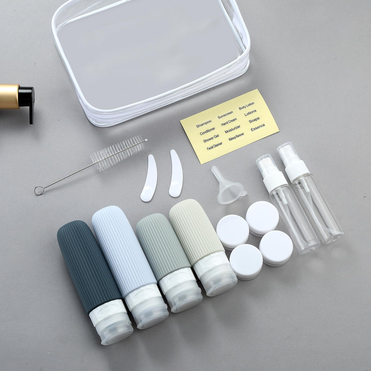 16-Piece Travel Bottle Set with Leak-Proof Silicone Squeeze Bottles – Reusable Toiletry Containers for Shampoo, Lotion, Makeup Remover (Grey) | Other Colors Available in Store