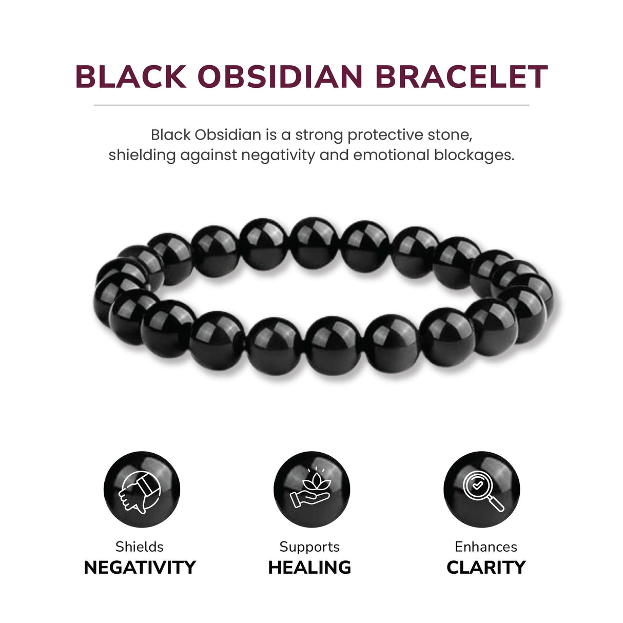 8mm Natural Black Obsidian Beaded Bracelet for Men and Women – Stretchable Healing Crystal Jewelry with Elastic Band, Protective Energy Stone Gift for Birthday, Valentine’s Day, Meditation (Black)