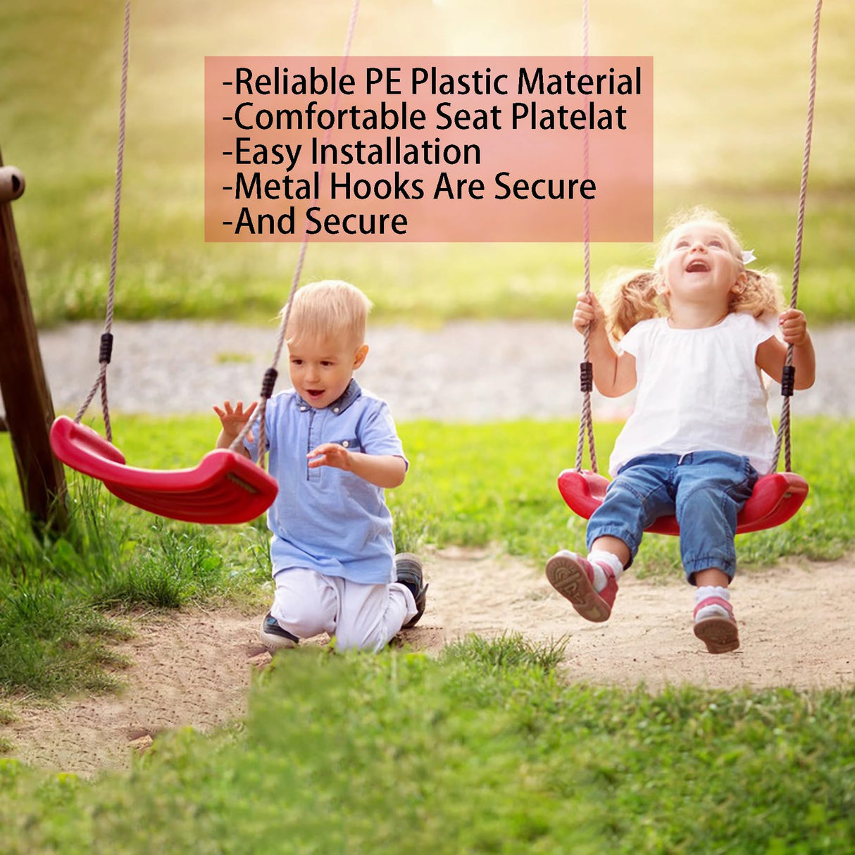 Outdoor Kids Plastic Swing Seat with Adjustable Rope – Durable Tree Swing for Backyard, 220lb Capacity, Red (Red)