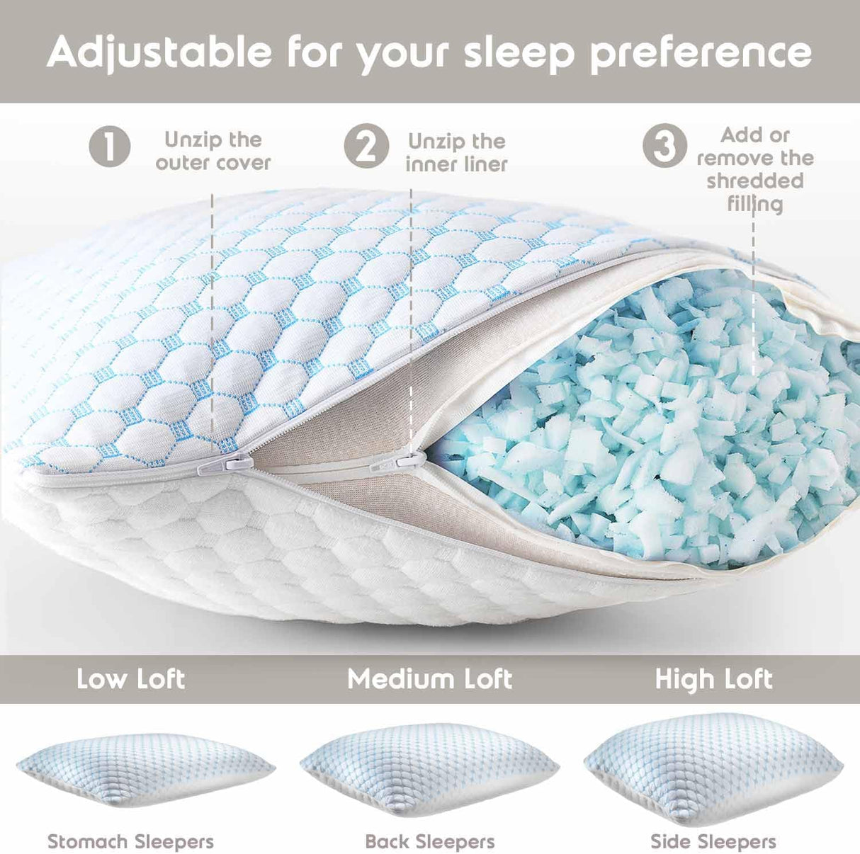 Queen Size Cooling Pillow with Shredded Memory Foam & Gel Infusion – Adjustable Loft, Breathable Dual-Sided Cover, 20" x 30" (Blue) | Other Sizes Available in Store