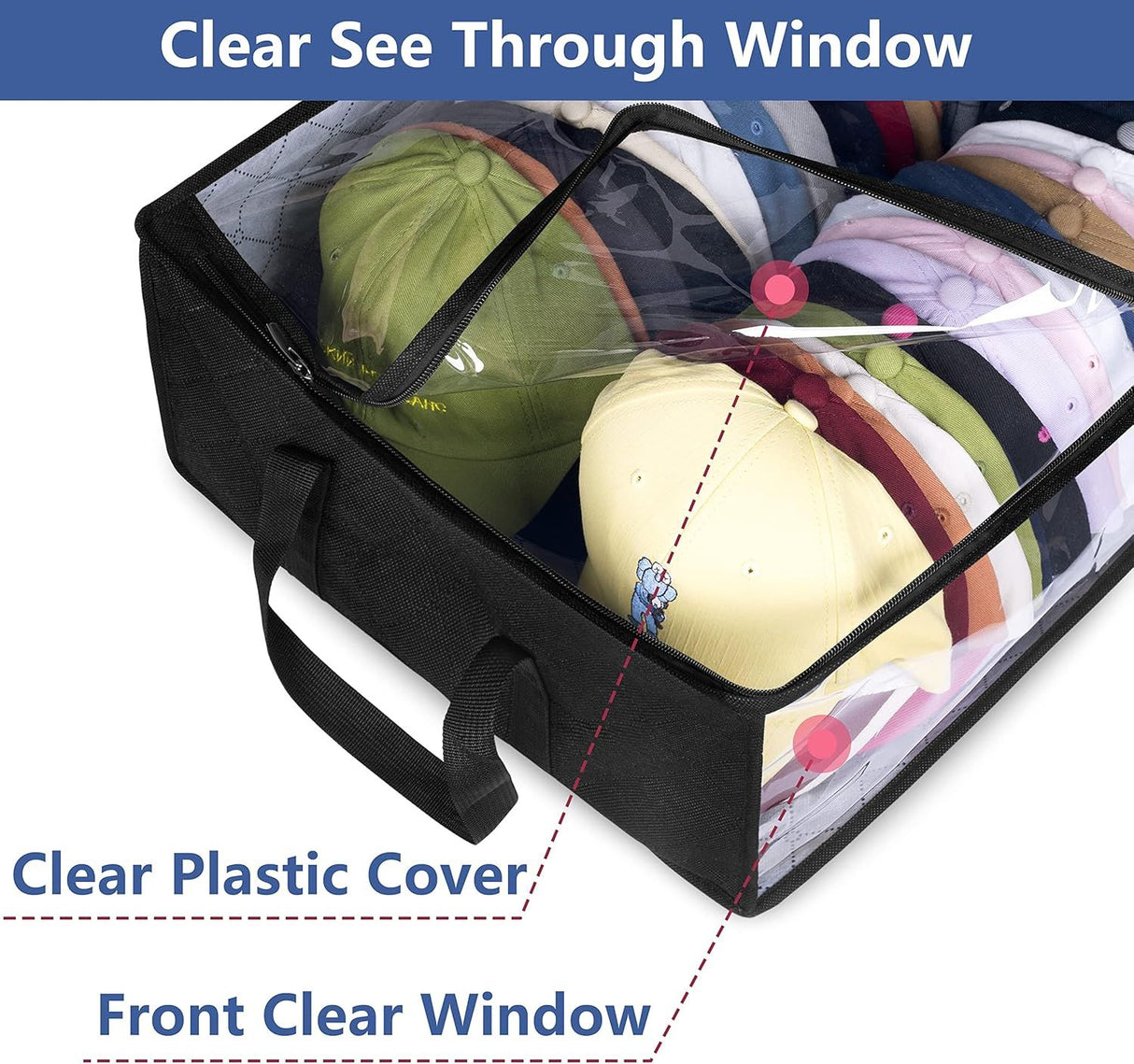 Large Capacity Foldable Hat Organizer Storage Box with Clear See-Through Window for Baseball Caps, Clothes, Toys, and Books, Underbed and Closet Container (Black)