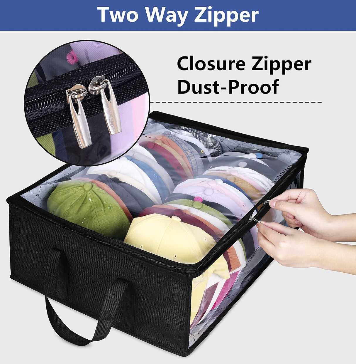 Large Capacity Foldable Hat Organizer Storage Box with Clear See-Through Window for Baseball Caps, Clothes, Toys, and Books, Underbed and Closet Container (Black)