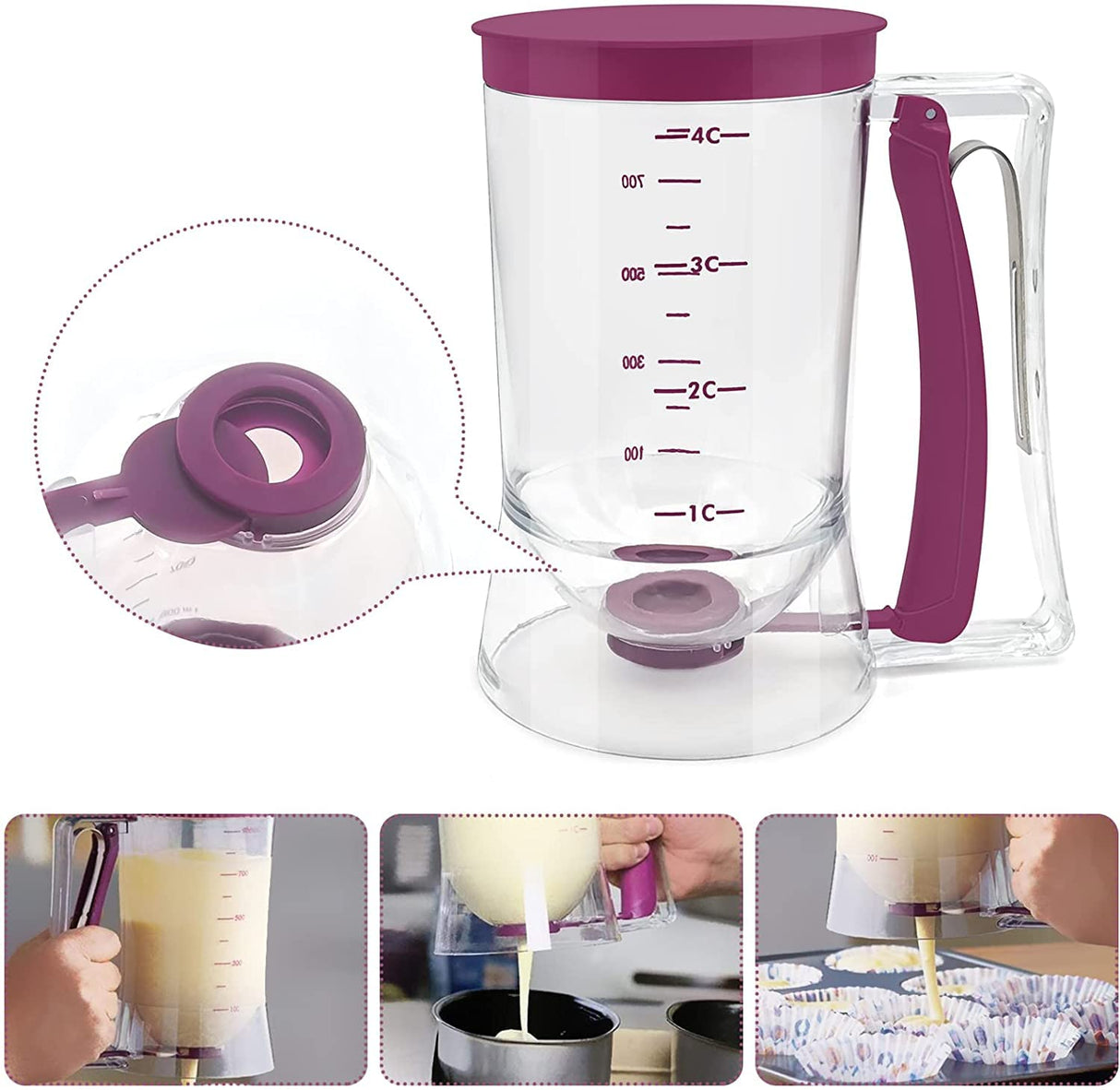 Batter Dispenser with Measuring Marks – 900ml Cake Mix Pourer for Cupcakes, Pancakes, Muffins, Waffles & More (Purple)