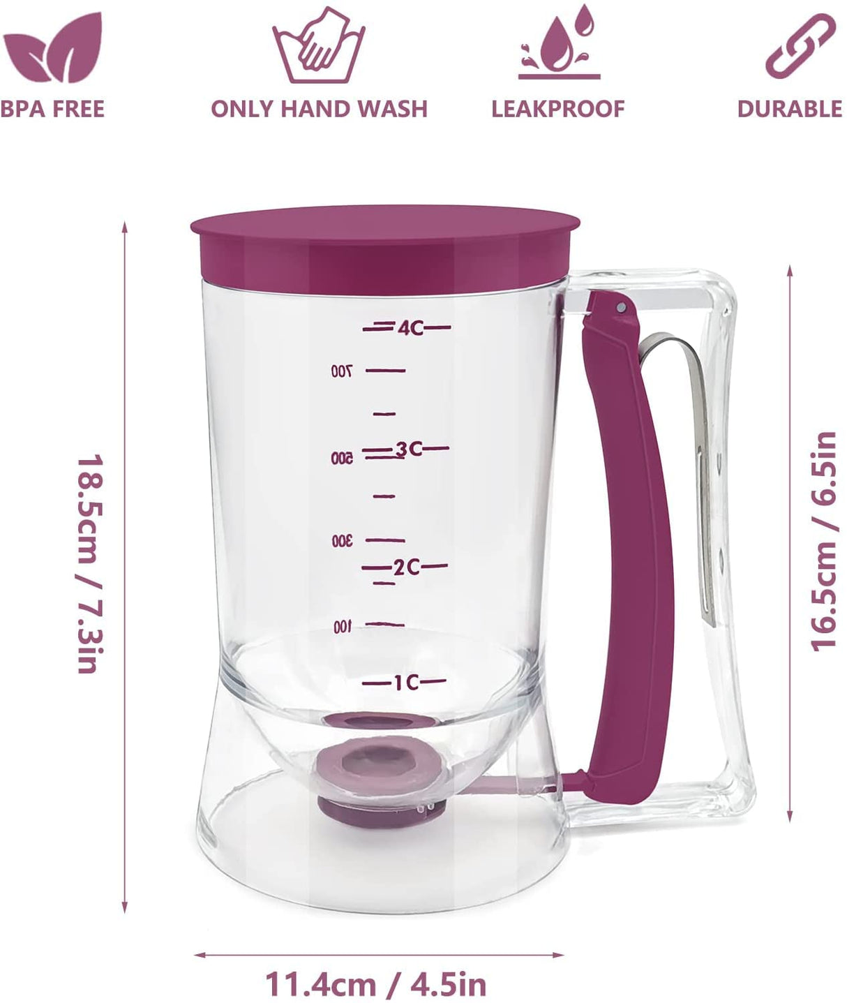 Batter Dispenser with Measuring Marks – 900ml Cake Mix Pourer for Cupcakes, Pancakes, Muffins, Waffles & More (Purple)