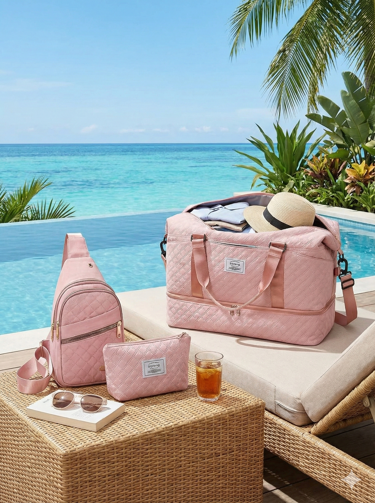 Women’s 3-Piece Travel Bag Set – Large Duffel, Crossbody Backpack & Toiletry Pouch for Gym, Maternity and Weekend Getaways (Pink) | Other Colors Available in Store