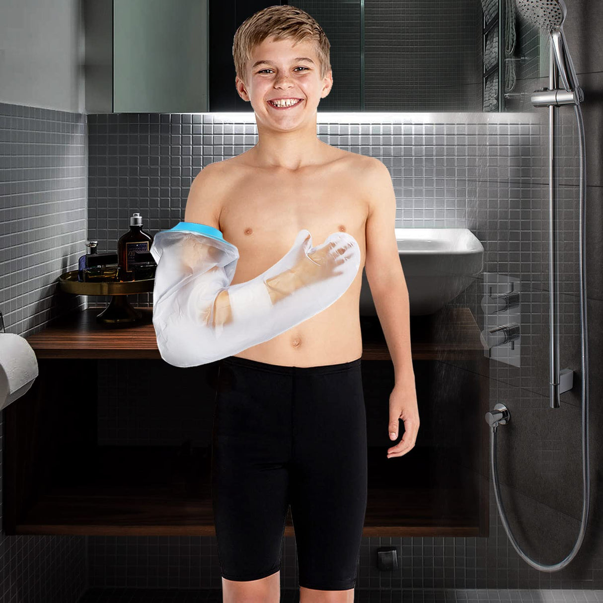 Full Arm Waterproof Shower Sleeve for Kids – Reusable Cast Protector for Hand, Wrist, Elbow & Forearm During Bathing or Water Activities (Blue)