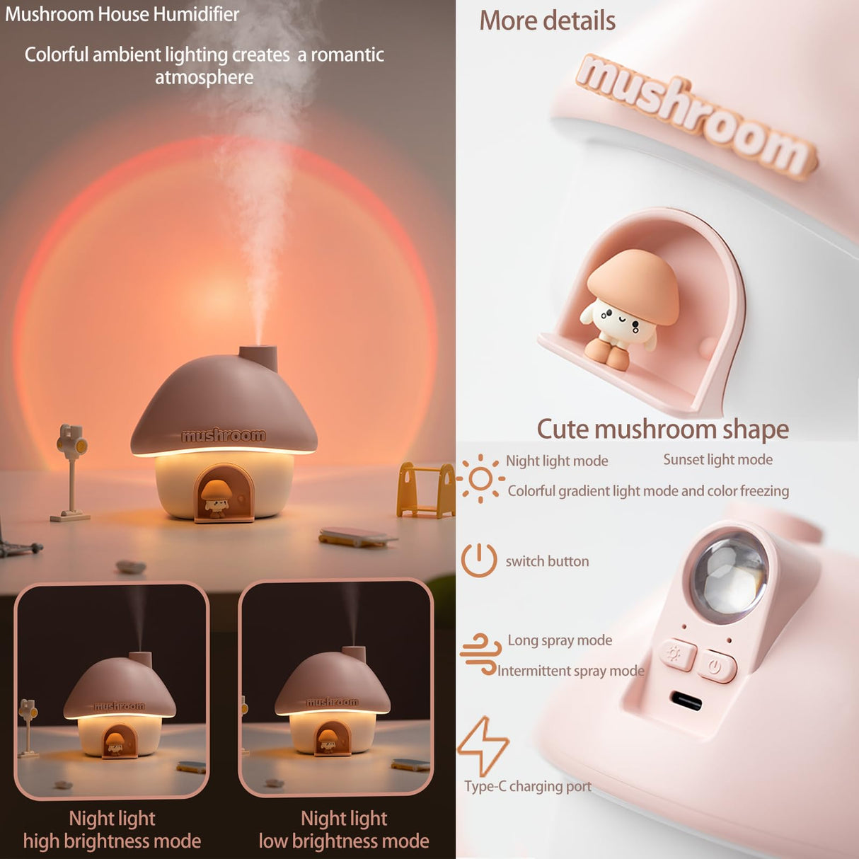 Portable Mushroom Humidifier with 7 Color Sunset Light, USB Rechargeable Mini Air Moisturizer for Desk, Bedroom, Travel, Baby Room – Silent & Cute Design Use(Pink)