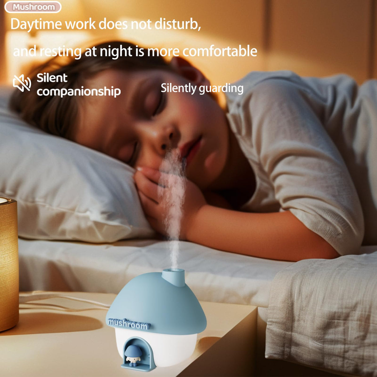 Portable Mushroom Humidifier with 7 Color Sunset Light, USB Rechargeable Mini Air Moisturizer for Desk, Bedroom, Travel, Baby Room – Silent & Cute Design Use(Blue)
