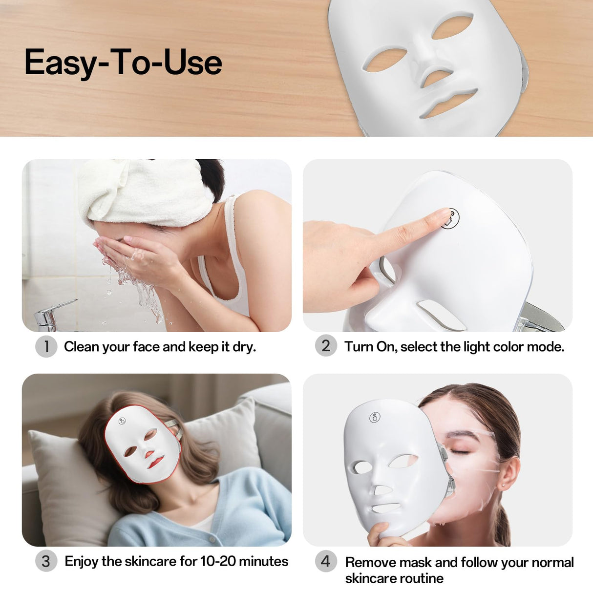 7-Color Facial Light Mask for Home Skincare – Rechargeable LED Beauty Device with 270 LEDs, One-Touch Control & Auto-Timer (White with Gold Trim) | Other Colors Available in Store