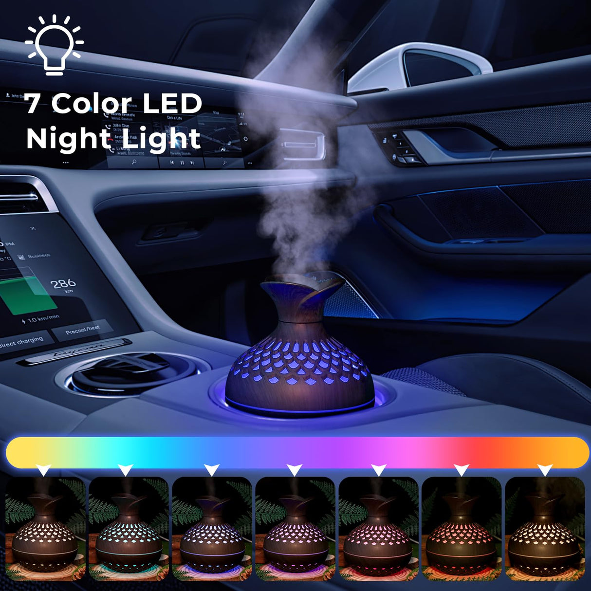 Portable USB Humidifier with 7-Color LED Night Light – Wood Grain Flower Design, Quiet Cool Mist Diffuser for Home, Office & Car (DarkWood)