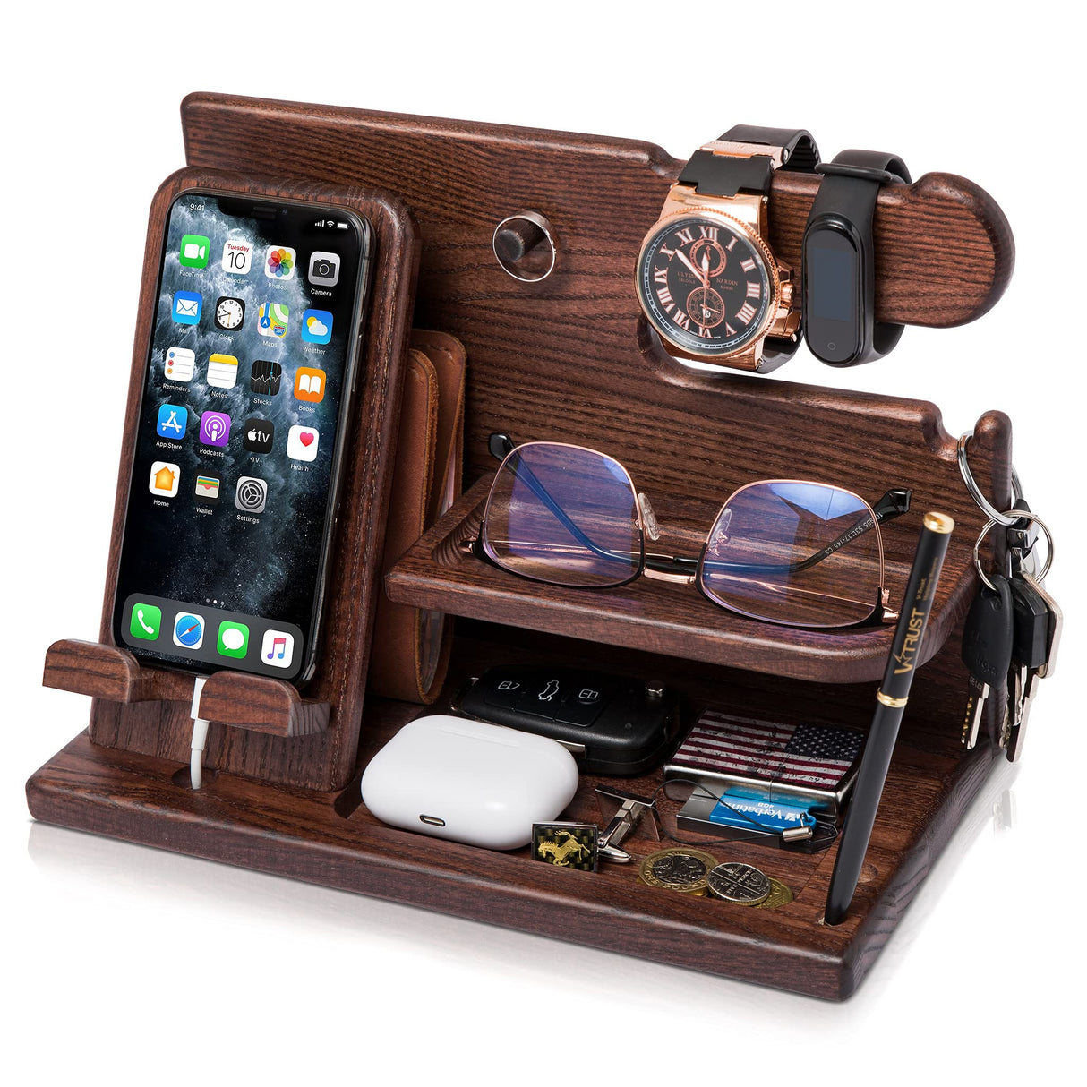 Wooden Desk Organizer for Men – Multi-Function Phone Stand, Watch & Glasses Holder, Key & Wallet Tray (Vintage Brown)